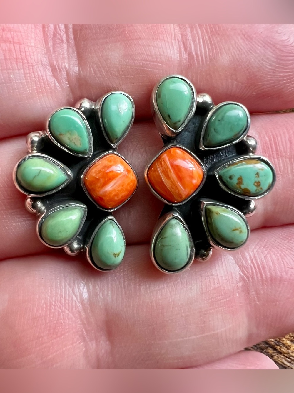 Kingman Turquoise & Spiny Oyster Half Cluster Earrings - Picture 2 of 8